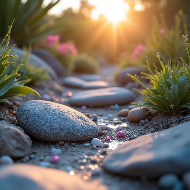 カラフルな鉱石と自然石を組み合わせたアプローチ