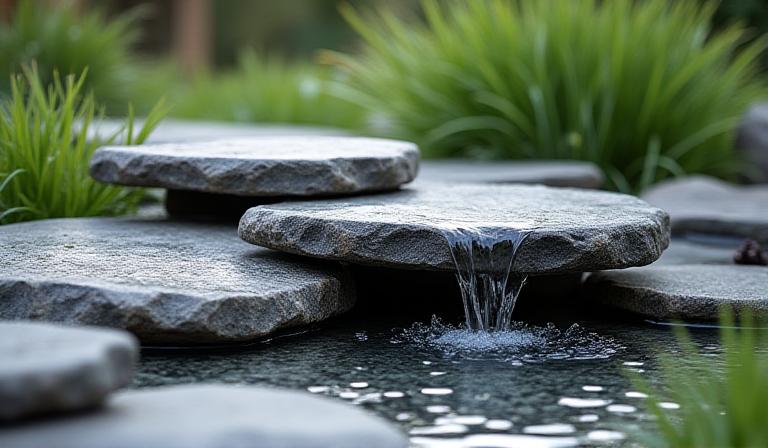 自然石を積み上げた階段状のモダンな水場